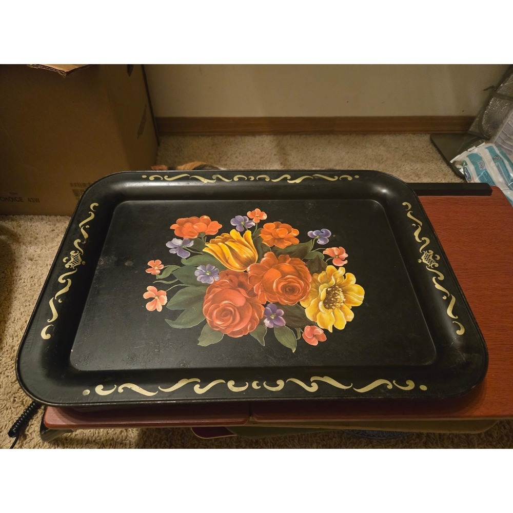 Vintage Floral Metal Serving Tray Black Gold Rose Tulip Mid Century Toleware